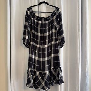 New York & Company Off Shoulder Plaid Ruffle Hem Dress Women’s Large Navy